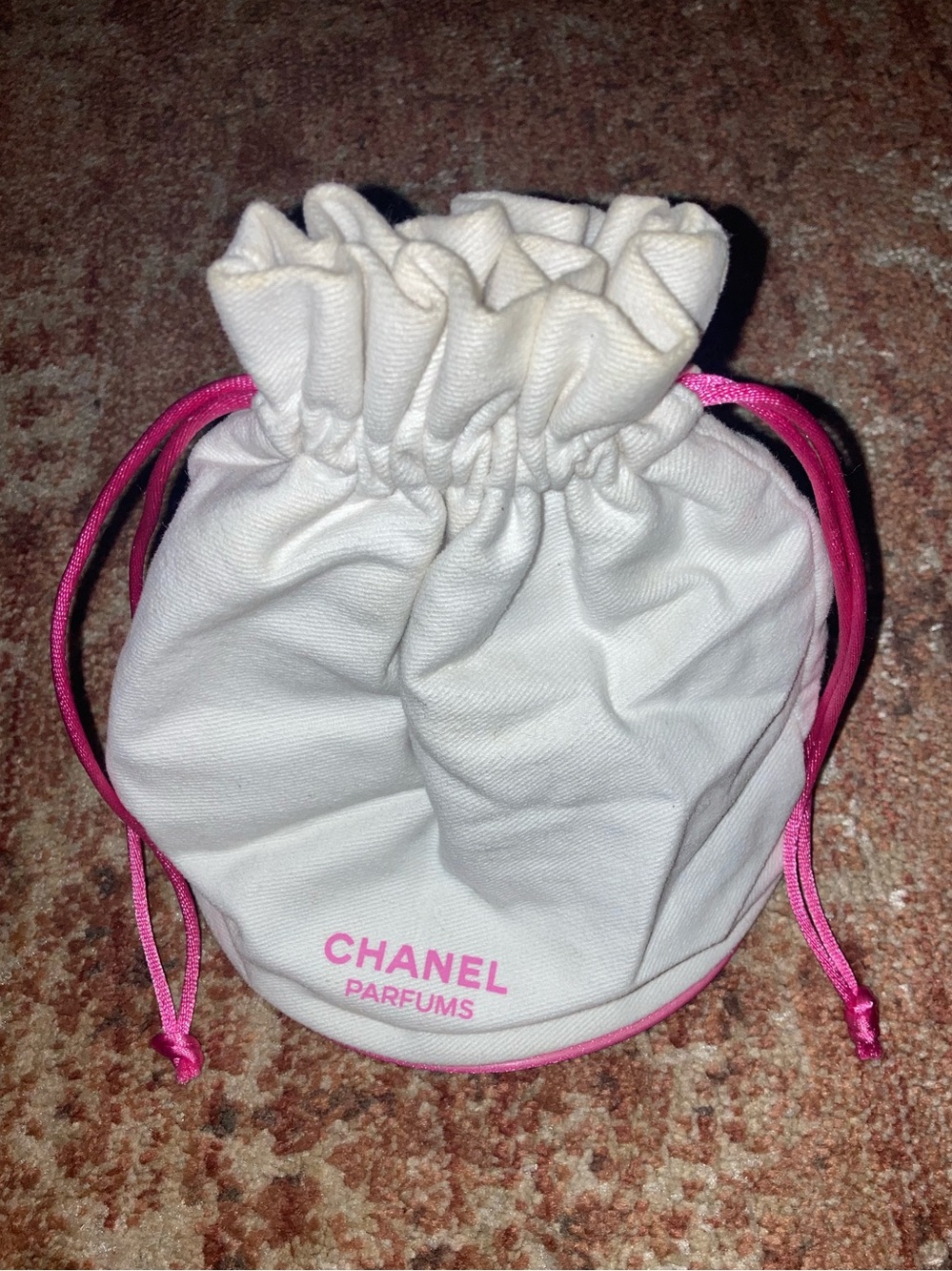 CHANEL White & Pink Drawstring Cosmetic Pouch